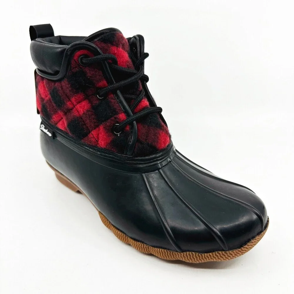 Skechers Pond Good Plaid Black Red Womens Size 7 Rubber Duck Boots